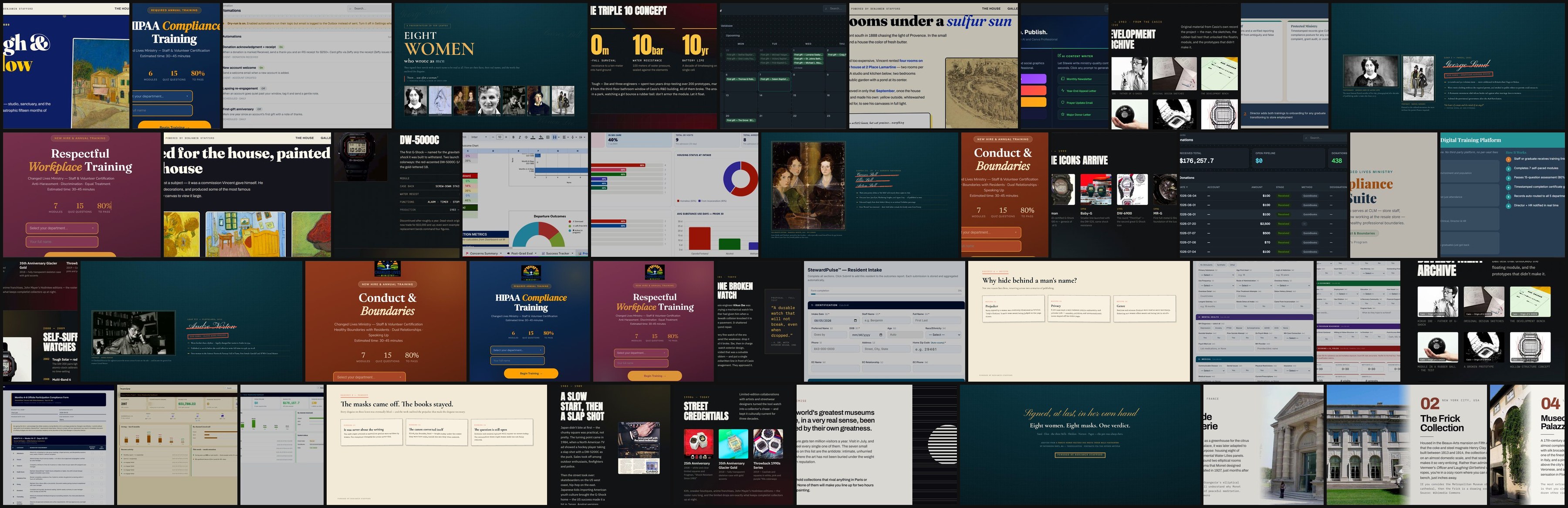 A combined contact sheet of editorial builds, long-form presentations, and Steward platform interfaces